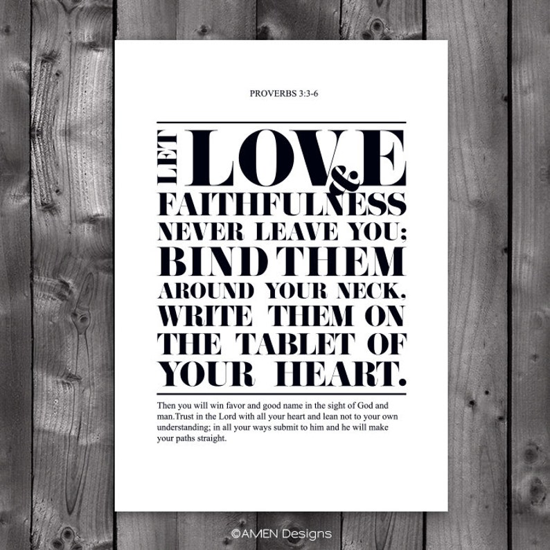 DIY Printable Christian Poster. Bible Verse. Proverbs 3:3-6. Love and faithfulness. 8x10. image 1