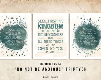 Do not be Anxious Triptych. Matthew 6:25-34. DIY. JPEG. 8x10 Printable Scripture Poster. Bible Verse.