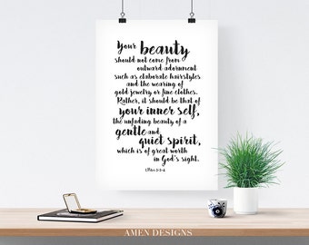 1 Peter 3:3-4. Your beauty. NIV. 8x10.  DIY. Printable Christian Poster. PDF. Bible Verse.