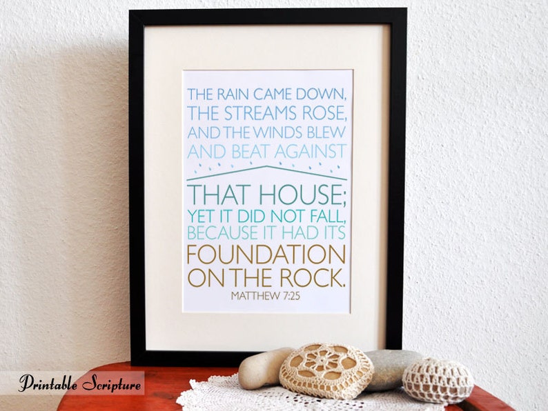 Foundation on a Rock. Matthew 7:25. DIY. PDF. 8x10 Printable Scripture Poster. Bible Verse. image 1