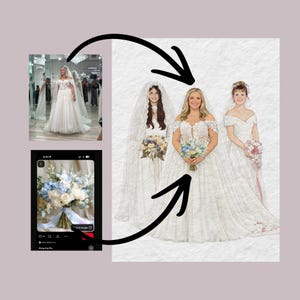 以下が含まれることがあります： 白いウェディングドレスを着た3人の花嫁のデジタルイラスト。それぞれがブーケを持っています。1人の花嫁は写真に、もう1人は電話のスクリーンショットにいます。ブーケには青、白、ピンクの花が使われています。