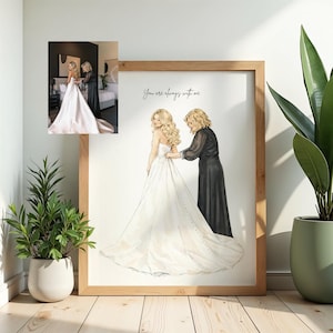 Può includere: Un'illustrazione incorniciata che raffigura una persona in abito da sposa bianco senza spalline con un lungo strascico e una persona in abito nero a maniche lunghe. Il testo "You are always with me" è stampato sopra, con una piccola foto.