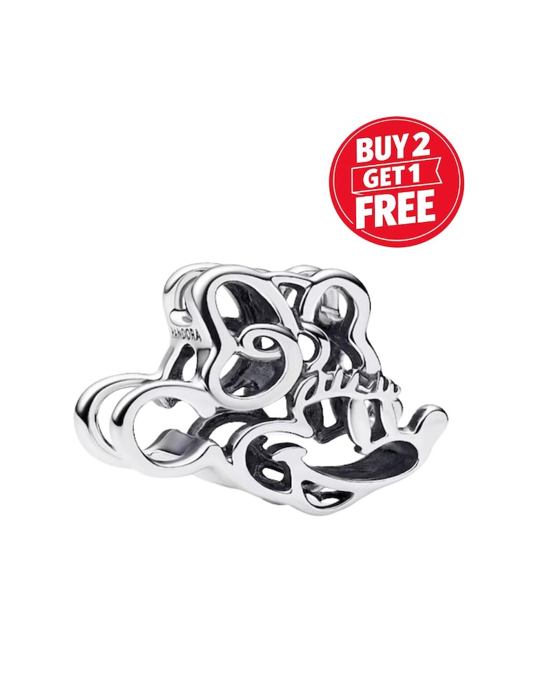 May include: A silver charm with the word "Pandora" engraved on the side. The charm is in the shape of the word "Love" in a cursive font. A red circle with the text "BUY 2 GET 1 FREE" is in the upper right corner.