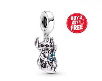 Disney Stitch and Cinderella Castke Dangle Charm for bracelet or necklace,Handmade Silver, Necklace Pendant,Gift for her under 20, Christmas