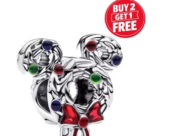 Disney Mickey Mouse Christmas Wreath Charm for bracelet or necklace, Handmade Silver, Necklace Pendant, Gift for her under 20, Christmas