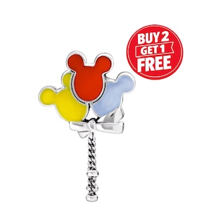May include: A silver charm featuring three Mickey Mouse head-shaped balloons in red, yellow, and light blue. The balloons are attached to a twisted silver handle. A red circle with the text "BUY 2 GET 1 FREE" is in the background.