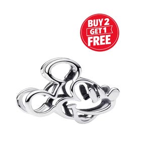 May include: A silver ring in the shape of Mickey Mouse's head. The ring is made of a shiny metal and has a smooth, polished finish. A red circle with the text "BUY 2 GET 1 FREE" is in the background.