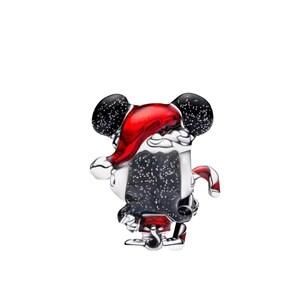 May include: A silver charm with a festive design. The charm depicts a character wearing a Santa hat and suit. The character's ears are black with white speckles. The hat is red, and the suit is white and black.