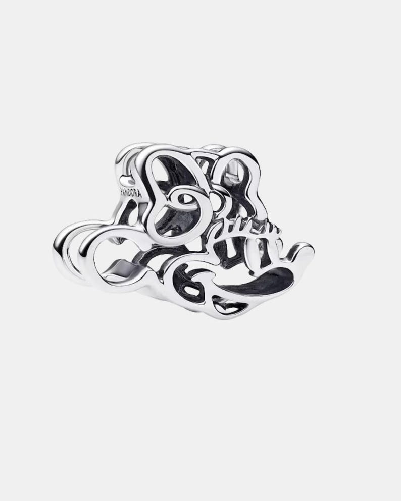 May include: A silver charm with the word "Sister" in a cursive font. The charm is made of a shiny metal and has a detailed design. The word "Pandora" is engraved on the side of the charm.