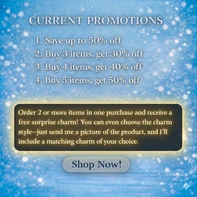 May include: Promotional graphic with text on a blue background. Text includes "CURRENT PROMOTIONS" and details on discounts: Save up to 50% off, Buy 3 items get 30% off, Buy 4 items get 40% off, Buy 5 items get 50% off. Also includes "Shop Now!"