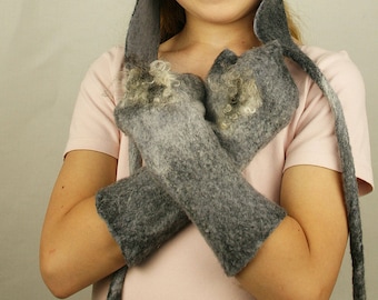 Grey Bunny Hare Donkey feutré mitaines Fingerless Gloves Cuffes - Gants d’animaux - Cosplay LARP Costume Accessories - Sur commande