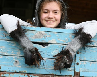 Donkey/ Wolf felted Mittens Fingerless Gloves Cuffes for Animal Theatrical Carnival Party Costume - To Order