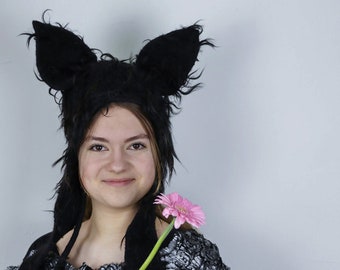 Unique, elegant felted Black Cat Hat with cute ears & wild wool locks. Black Panther Hat For Kids and Adults - Animal fancy dress - To Order