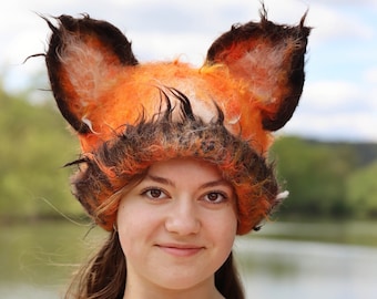 Unique fluffy felted Red Fox ears hat with wild wool locks, cute ears and bright colors. For Kids and Adults - Animal fancy dress - To Order