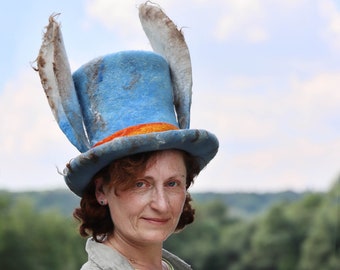 Sky Blue Mad hatter Top Hat with orange band cute white ears. White Rabbit March Hare topper. Alice in wonderland Cosplay, theater. To order