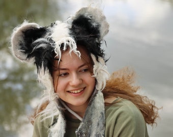 Furry felted Badger Hat with white & black stripes, cute ears and wild wool locks. For Kids and Adults - Animal fancy dress - To Order