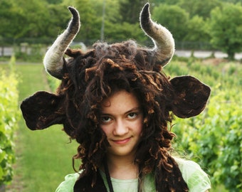 Felted Buffalo Hat with Horns. Bull Hat. Realistic looking Festival Taurus Shaman hat. Made to Order