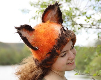 Unique fluffy felted Red Fox ears hat, made of 100% Wool. Ready to Ship in Sizes 22.7”-23.25”/58-59cm or 23.5”-24” / 60-61cm