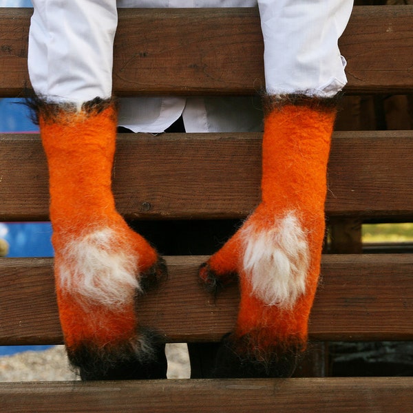 Red Orange Fox felted Mittens Fingerless Gloves Cuffes  - Animal Cosplay Christmas Halloween Carnival LARP Fox gloves Costume  - To order