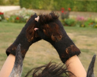 Buffalo / Bear felted Mittens Bull Fingerless Gloves Cuffes for Animal Theatrical Carnival Party Costume - To Order