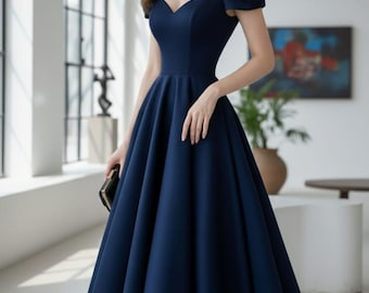Evening grown navy blue dress, short one piece, luxury fashion