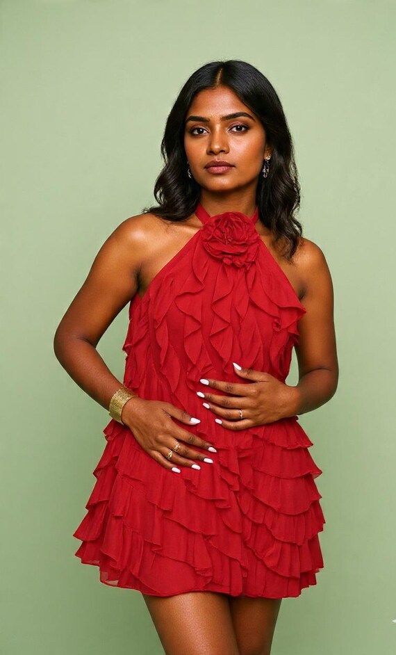 red halter ruffle dress Mini With Rose Detail | Tiered Pleated Cocktail Summer Party SHOES / FLATS + LOAFERS