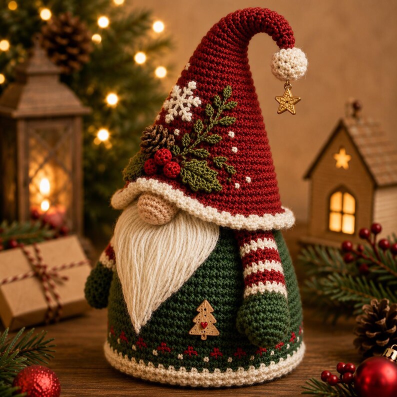 May include: A crochet gnome figurine featuring a dark red pointed hat adorned with a white snowflake, green leaves, and red berries. The gnome has a cream-colored beard, a green body with a small wooden tree charm, and a gold star charm on the hat.