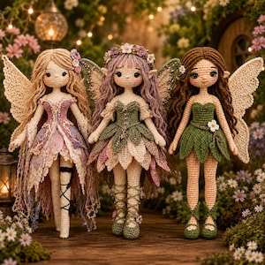May include: Three handcrafted crochet fairy dolls with intricate yarn hair, detailed wings, and layered dresses in shades of pink, lavender, and green. Each doll features embroidered facial expressions and floral accents, standing together in a group.