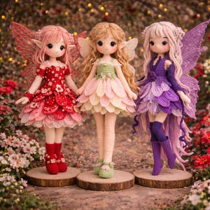 May include: Three handmade crochet fairy dolls with detailed wings and dresses. The dolls have different colored hair and outfits, including red, pink, and purple. Each doll stands on a small wooden disc, surrounded by flowers.