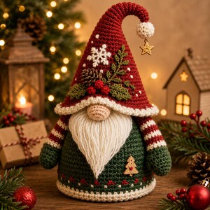 May include: A crochet gnome figurine featuring a tall red hat with a white snowflake, a pinecone, and red berries. The gnome has a long white yarn beard, a green body with striped sleeves, and a small wooden Christmas tree charm on the front.