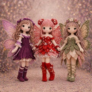 May include: Three handmade crochet fairy dolls. The dolls have detailed wings, dresses, and accessories in shades of purple, red, and green. Each doll has a unique hairstyle and floral accents, with delicate features.