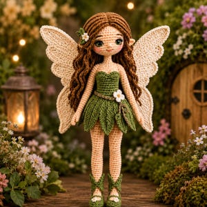 Può includere: Una bambola fata all'uncinetto fatta a mano, con capelli castani, occhi verdi e ali delicate. La bambola indossa un vestito verde con dettagli a forma di foglia e scarpe abbinate. Un fiore bianco adorna l'abito. La fata è ambientata in un giardino.