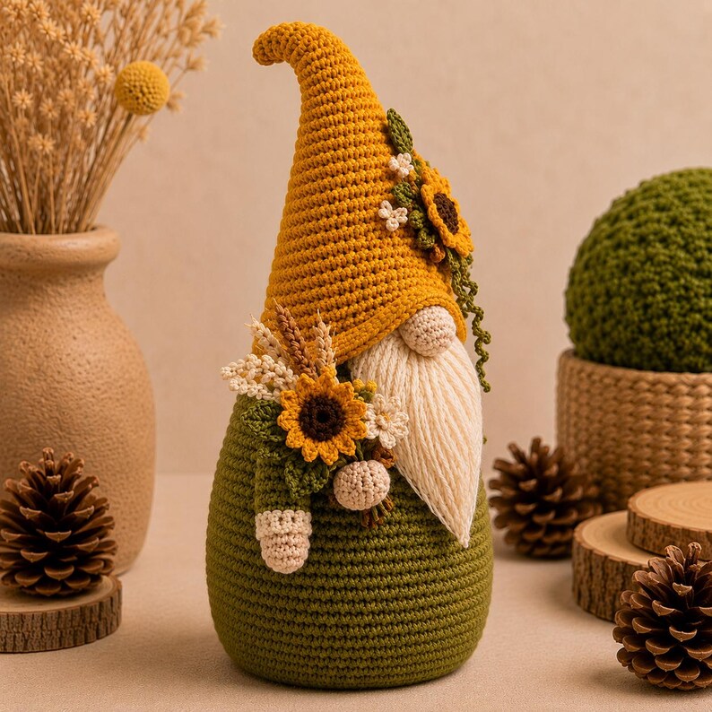 May include: A crochet gnome figurine featuring a tall mustard yellow pointed hat adorned with a sunflower and small white flowers. The gnome has a cream-colored yarn beard, a green body, and a decorative arrangement of sunflowers and wheat.