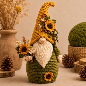 May include: A crochet gnome featuring a tall yellow hat adorned with a sunflower, a cream-colored yarn beard, and a green body. The gnome holds a small bouquet of sunflowers and wheat, with an additional sunflower accent on its base.