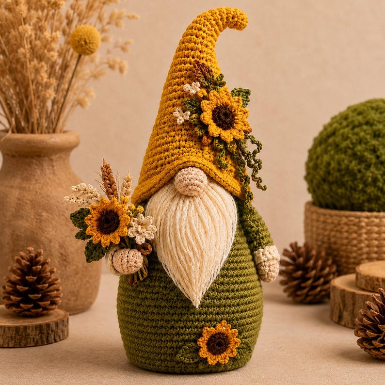 May include: A crochet gnome featuring a tall yellow hat adorned with a sunflower, a cream-colored yarn beard, and a green body. The gnome holds a small bouquet of sunflowers and wheat, with an additional sunflower accent on its base.