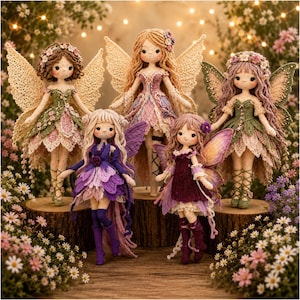 May include: Five handcrafted crochet fairy dolls featuring intricate yarn details, lace-like wings, and floral accents. Each doll wears a unique outfit in shades of green, pink, purple, and cream, with detailed hair and delicate facial features.