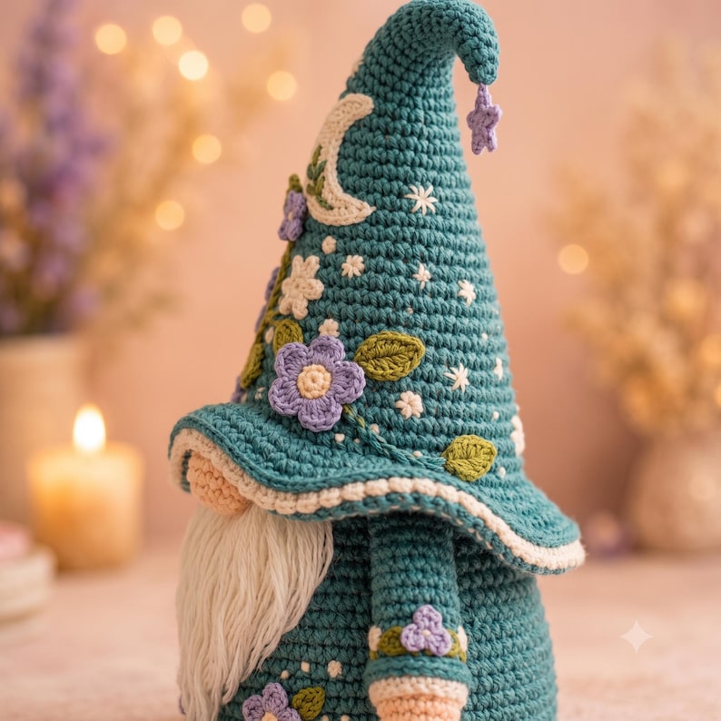 May include: A teal crochet gnome figurine featuring a tall, pointed hat decorated with a white crescent moon, small white embroidered stars, and several purple and white crocheted flowers with green leaves. The gnome has a long, white yarn beard.