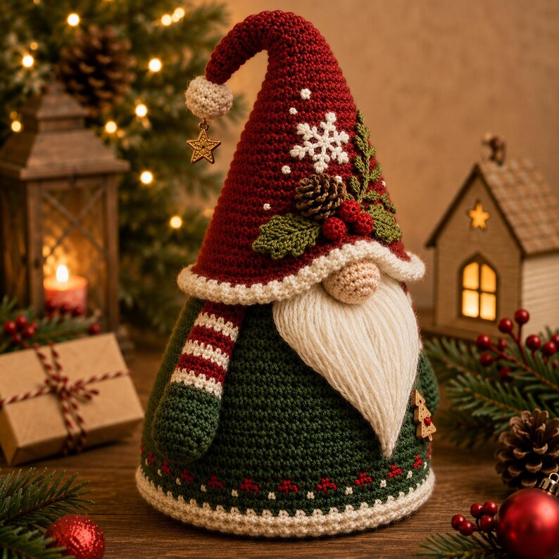 May include: A crochet gnome figurine featuring a dark red pointed hat with a white snowflake pattern, a pinecone, and holly berries. The gnome has a long white yarn beard, a beige nose, and a dark green body with a striped arm and a small wooden tree.