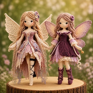 Pode incluir: Duas bonecas fadas de crochê com cabelos longos e ondulados, asas intrincadas de renda e vestidos em camadas em tons de roxo, rosa e creme. A boneca da esquerda tem uma saia assimétrica e cadarços na perna, a da direita veste um vestido roxo escuro.