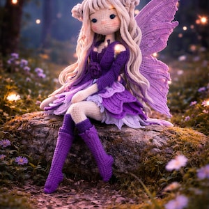 May include: A handmade crochet fairy doll with long blonde hair and purple wings. The doll is wearing a purple dress and boots, and is sitting on a moss-covered rock in a forest setting. The background features soft lighting and flowers.