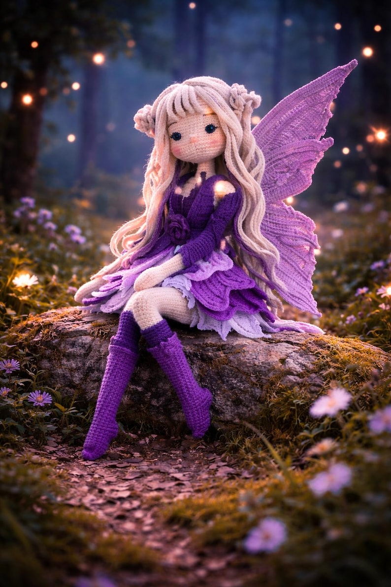 May include: A handmade crochet fairy doll with long blonde hair and purple wings. The doll is wearing a purple dress and boots, and is sitting on a moss-covered rock in a forest setting. The background features soft lighting and flowers.