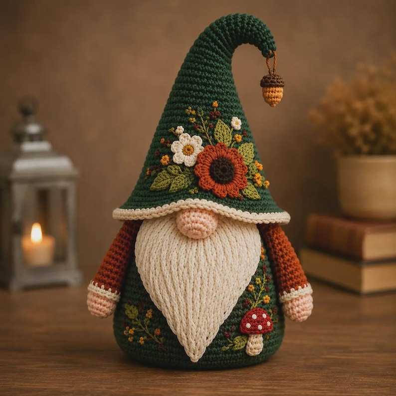 May include: A crochet gnome figurine featuring a tall dark green pointed hat adorned with a large orange flower, small white blossoms, and green leaves. The gnome has a long cream-colored beard, a small round nose, and a dangling acorn charm.