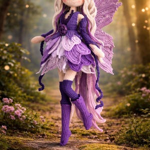 May include: A handmade crochet fairy doll with a whimsical design. The doll features a cream-colored head and hair, a purple dress with petal-like layers, and matching wings. The doll is approximately 12 inches tall and stands on a mossy path.
