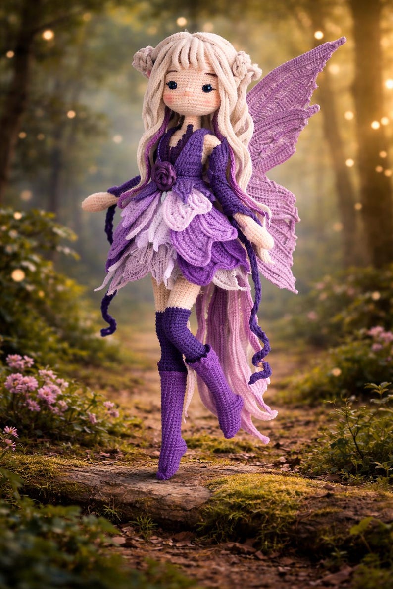 May include: A handmade crochet fairy doll with a whimsical design. The doll features a cream-colored head and hair, a purple dress with petal-like layers, and matching wings. The doll is approximately 12 inches tall and stands on a mossy path.