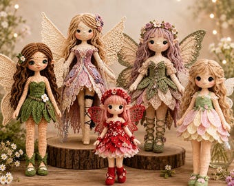 May include: Five handcrafted crochet dolls featuring fairy designs with intricate wings, floral headpieces, and layered dresses in shades of green, pink, lavender, and red. Each doll has detailed yarn hair and small embroidered facial features.