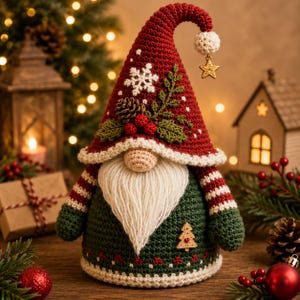 May include: A crochet gnome figurine featuring a tall red hat with a white snowflake, a pinecone, and red berries. The gnome has a long white yarn beard, a green body with striped sleeves, and a small wooden Christmas tree charm on the front.
