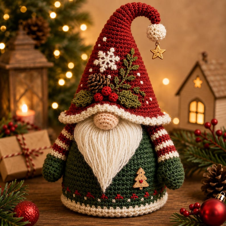 May include: A crochet gnome figurine featuring a tall red hat with a white snowflake, a pinecone, and red berries. The gnome has a long white yarn beard, a green body with striped sleeves, and a small wooden Christmas tree charm on the front.