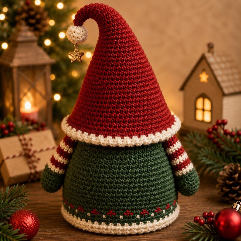May include: A crochet gnome figurine featuring a tall red pointed hat with a white pom-pom and a gold star charm. The body is dark green with red and white striped sleeves and a white hem featuring a small red pattern at the base of the figure.