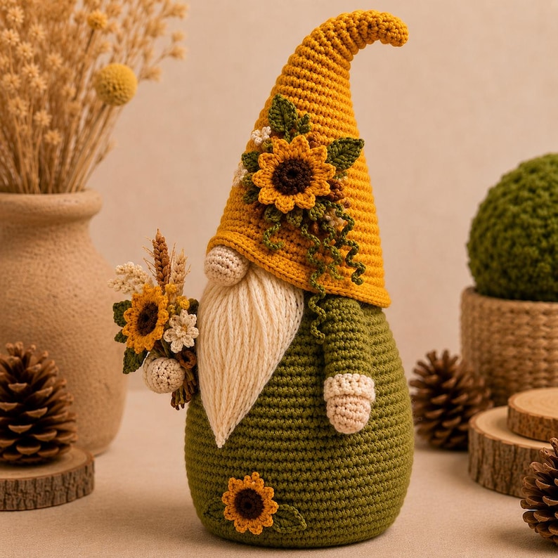 May include: A crochet gnome figurine featuring a tall yellow hat adorned with a sunflower and green leaves. The gnome has a cream-colored yarn beard, a green body with a sunflower accent, and holds a small bouquet of sunflowers and wheat.