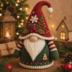 May include: A crochet gnome figurine featuring a tall red hat adorned with a white snowflake, a pinecone, and green leaves. The gnome has a long white beard, a beige nose, and a dark green body with striped sleeves and a small wooden tree charm.
